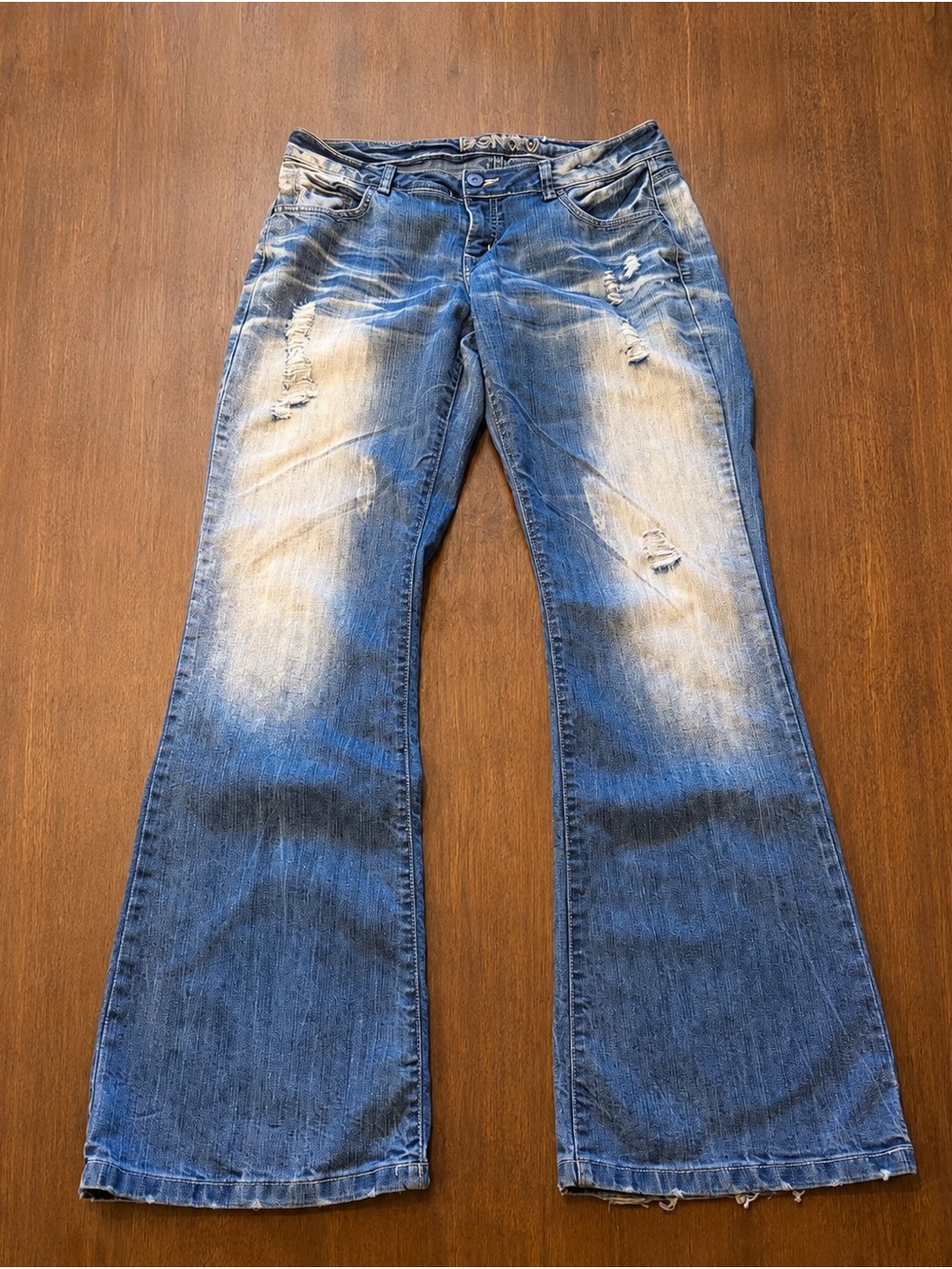 Bongo Y2K Distressed Flare Jeans Size 14 Low Rise Faded Denim